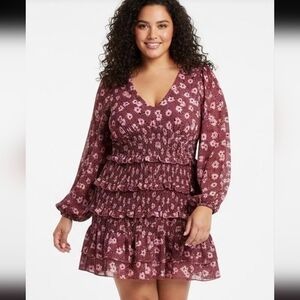 Trixxi Floral Smocked Tiered Mini Dress XL Mauve Pink Boho